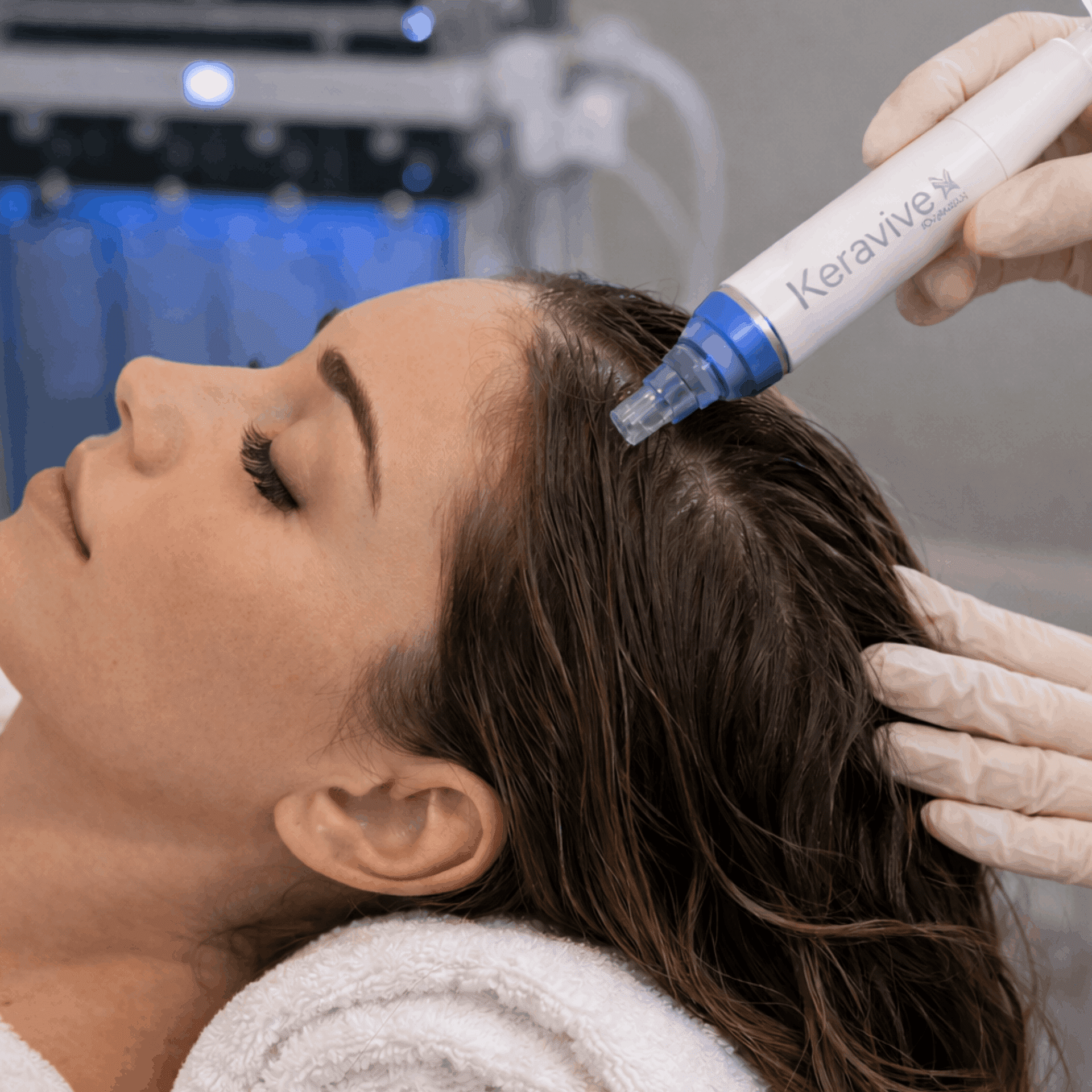 Hair treatment using Keravive device on a woman's scalp by a professional.