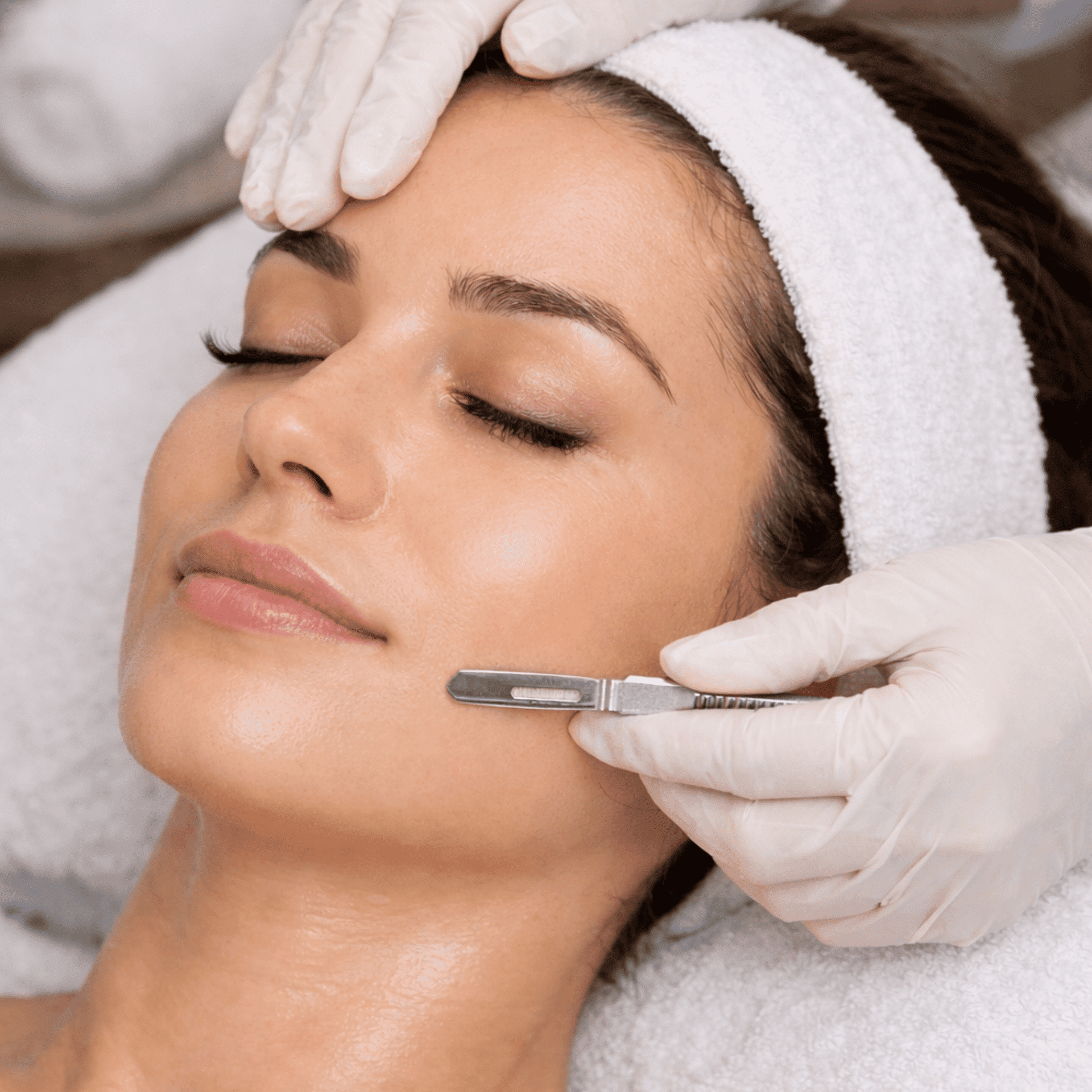 Facial treatment with dermaplaning for smooth skin.