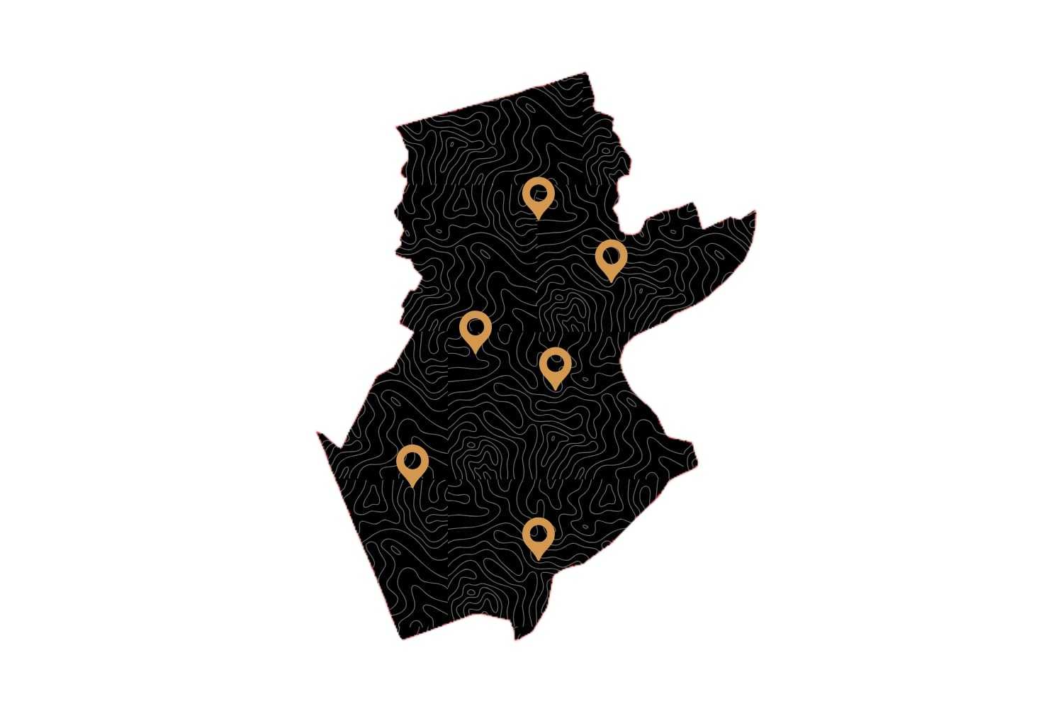 Map silhouette with contour lines and six location markers.
