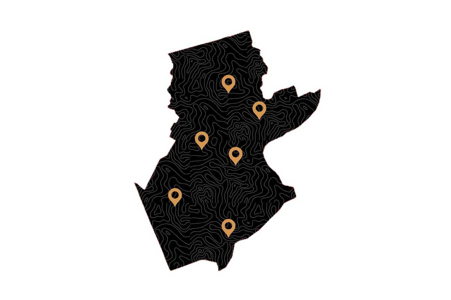 Map silhouette with contour lines and six location markers.